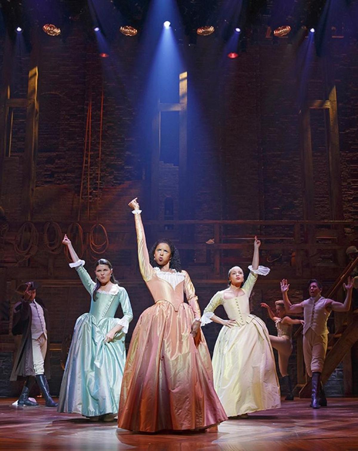 Phillipa Soo as Eliza Hamilton, Renee Elise Goldsberry as Angelica Schuyler and Jasmine Cephas Jones as Peggy Schuyler in Broadway’s “Hamilton.” A touring version of the Tony Award-winning production is coming to Durham in the 2018-19 season.