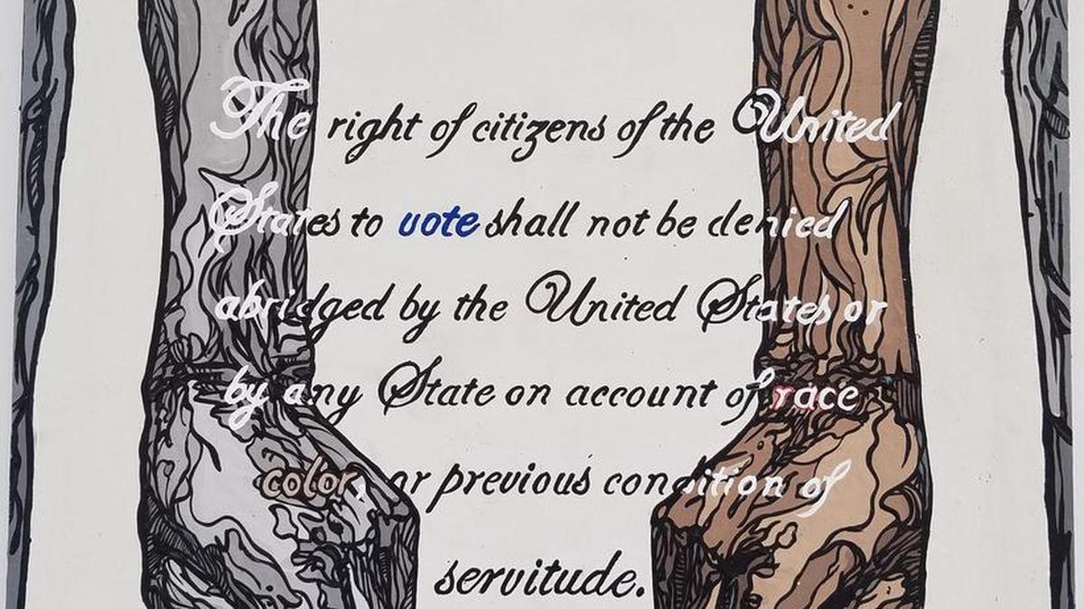 Darius Quarles’ “15th Amendment” is featured at the juried show “Truth to Power” at Pleiades Arts Inc. The exhibition focuses on art as a powerful tool to fight injustice.
