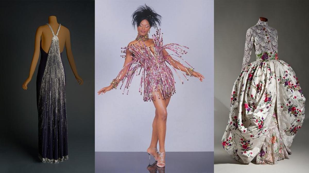 From left: a) Chloé by Karl Lagerfeld, Evening Dress, ready-to-wear, fall/winter 1983-–84, acetate/rayon blend, glass beads and rhinestones, and plastic sequins, appeared in Fashion Extravaganza. b) Tilmann Grawe, Cocktail Dress, special order, fall/winter 2003-04. silk chiné taffeta, horn, plastic and glass beads, horsehair tubing, and plastic boning, appeared in Living It Up. c) Emmanuel Ungaro, Bridal Gown, haute couture, fall/winter 1996–97, cotton/synthetic blend lace, embroidered silk, plastic “pearl” beads and sequins, and glass beads, appeared in The Great Fashion Mix.