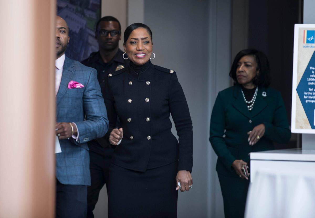 Durham Police Chief Cerelyn Davis greets the press before answering questions about the new Durham Police Department headquarters and Emergency Communications Center on Wednesday Oct. 17, 2018.