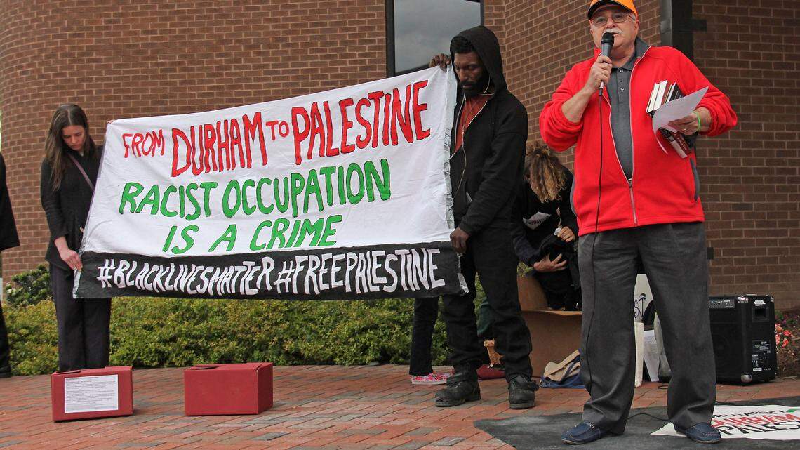 Jihad Shawwa, a retired engineer for the NC Department of Transportation, speaks at a rally outside Durham City Hall on Monday, April 16, 2018, opposing police training partnerships with Israel. "These are savages that are controlling Israel," said Shawwa, who is originally from Gaza. "These are not human beings."