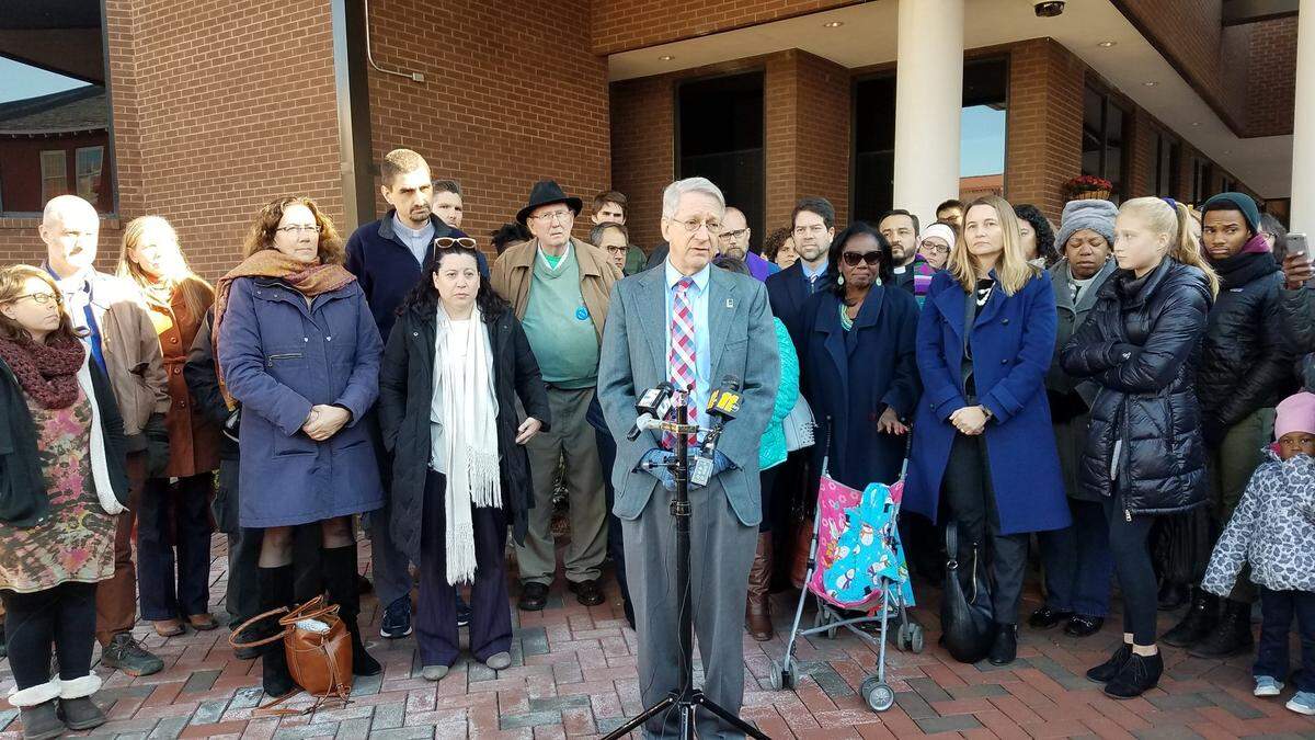 “No matter who you are, we want you in Durham,” said Durham Mayor Steve Schewel at a press conference at City Hall on Thursday, Nov. 29, 2018, in support of Samuel Oliver-Bruno, a Mexican immigrant who was in sanctuary in Durham and arrested by ICE on Nov. 23. Schewel was joined by Durham City Council members, County Commissioners, School Board members and faith and community leaders.