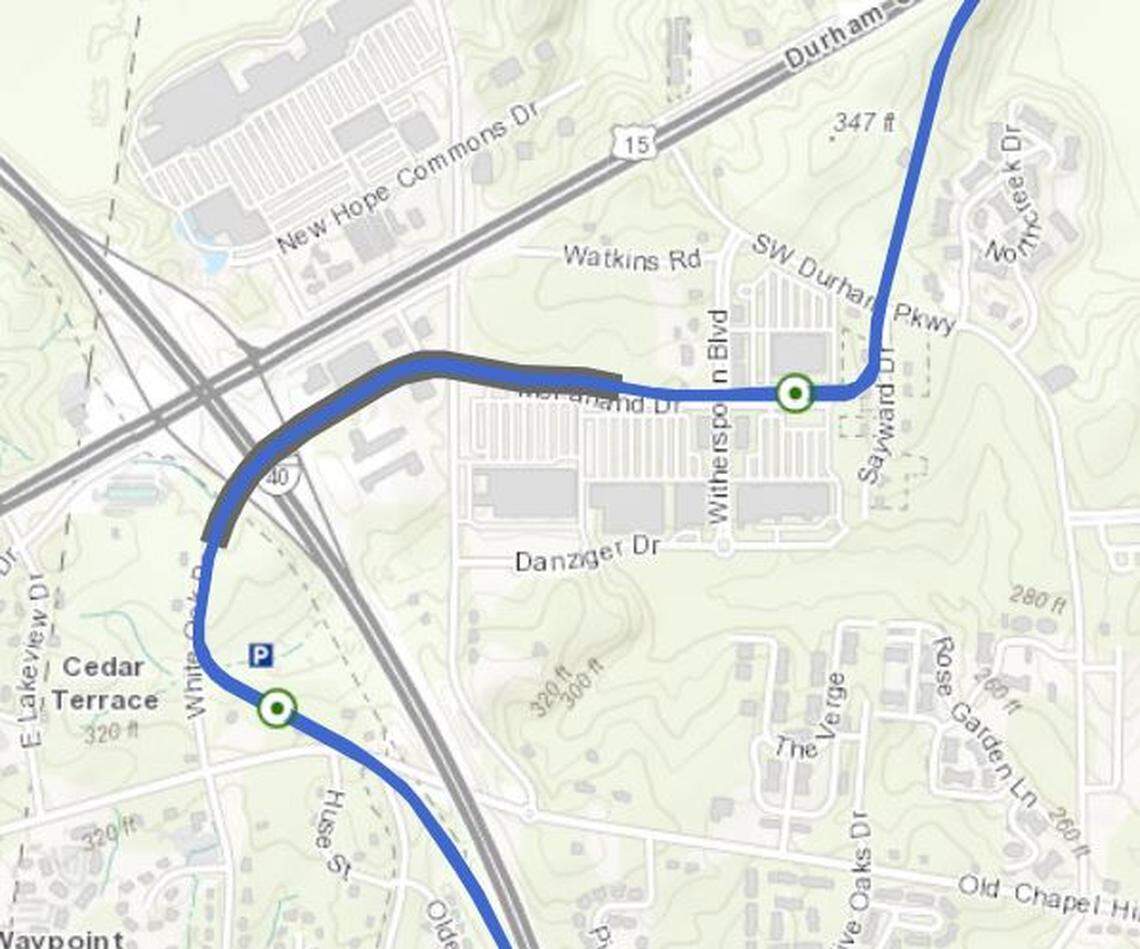 A proposed path of the Durham-Orange light-rail project through the Patterson Place shopping center.
