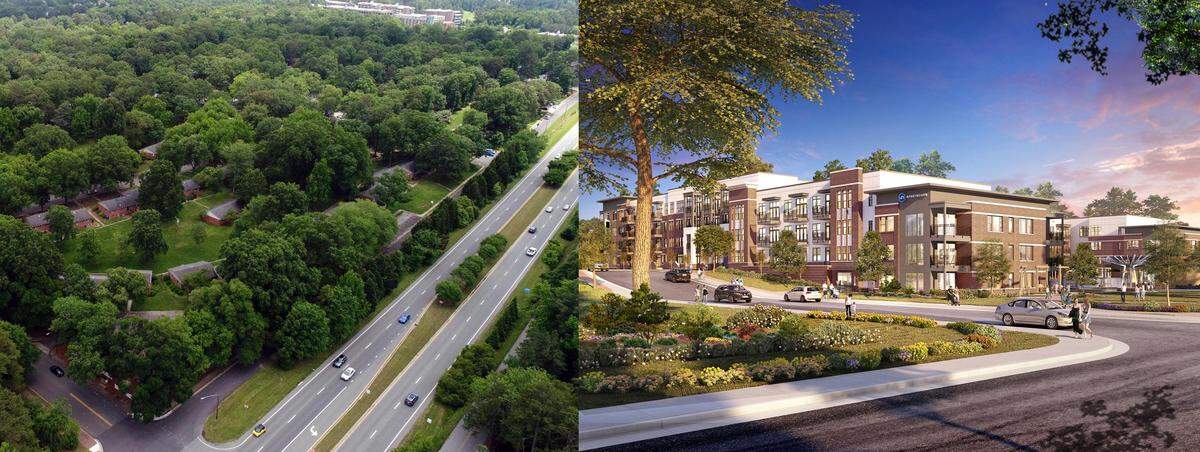 The first phase of a 20-year construction project will transform the 1950s-era Glen Lennox community (at left) into a mix of more modern housing, office and retail spaces.