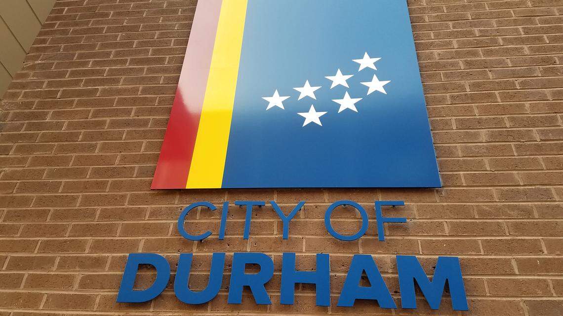 City of Durham logo on the side of City Hall.