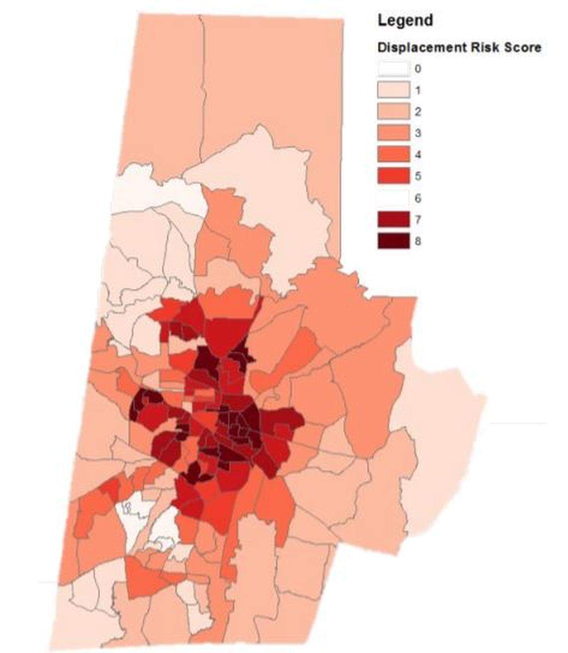 Pictured is a displacement risk map that appeared in the Carolina Planning Journal’s blog “Angles.” The parts of Durham County that are shaded darker represent marginalized areas within Durham County that are most at-risk of displacement as a result of future development.