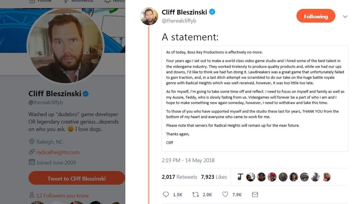 Game developer Cliff Bleszinski announced via Twitter that his studio, Boss Key Productions, is closing.