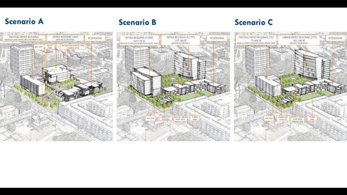 Three scenarios for the future of the Durham Police Department headquarters site, which will become vacant in late 2018 when DPD moves to a new building on East Main Street.