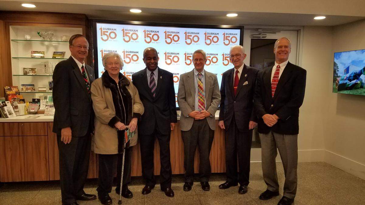 Every living Durham mayor, past and present: (left to right) Nick Tennyson, Sylvia Kerckhoff, Bill Bell, Steve Schewel, Wense Grabarek and Wib Gulley. Schewel is currently mayor. The mayors came together to kick off the 150th anniversary of the incorporation of the city.