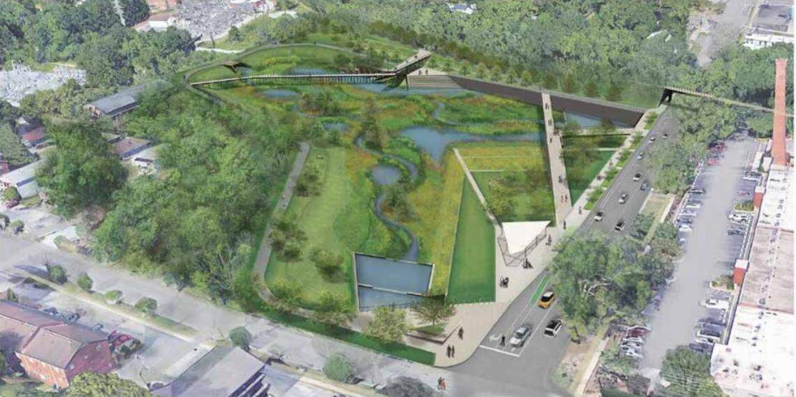 The South Ellerbe stormwater restoration design, view from the intersection of Trinity Avenue and North Duke Street.