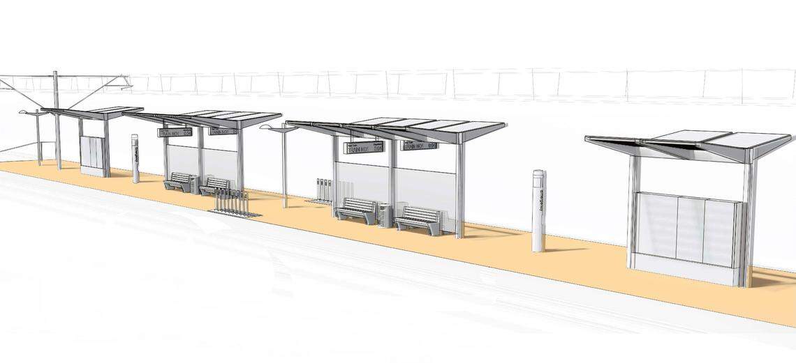 A conceptual design presented at an April 2018 workshop featured multiple, short gull wing-type canopies over the platform of a Durham-Orange light-rail train station. The Durham Area Designers group called the designs "basic" and offered several suggestions in July.