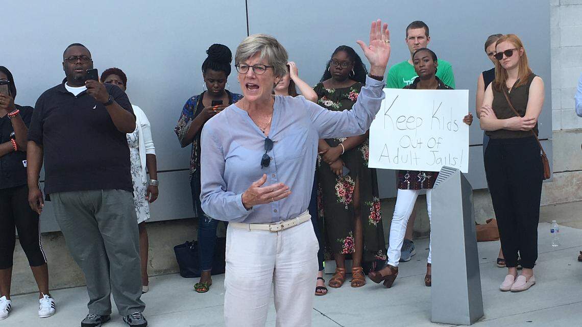 N.C. Rep. Marcia Morey speaks in front of the Durham County Detention Center.