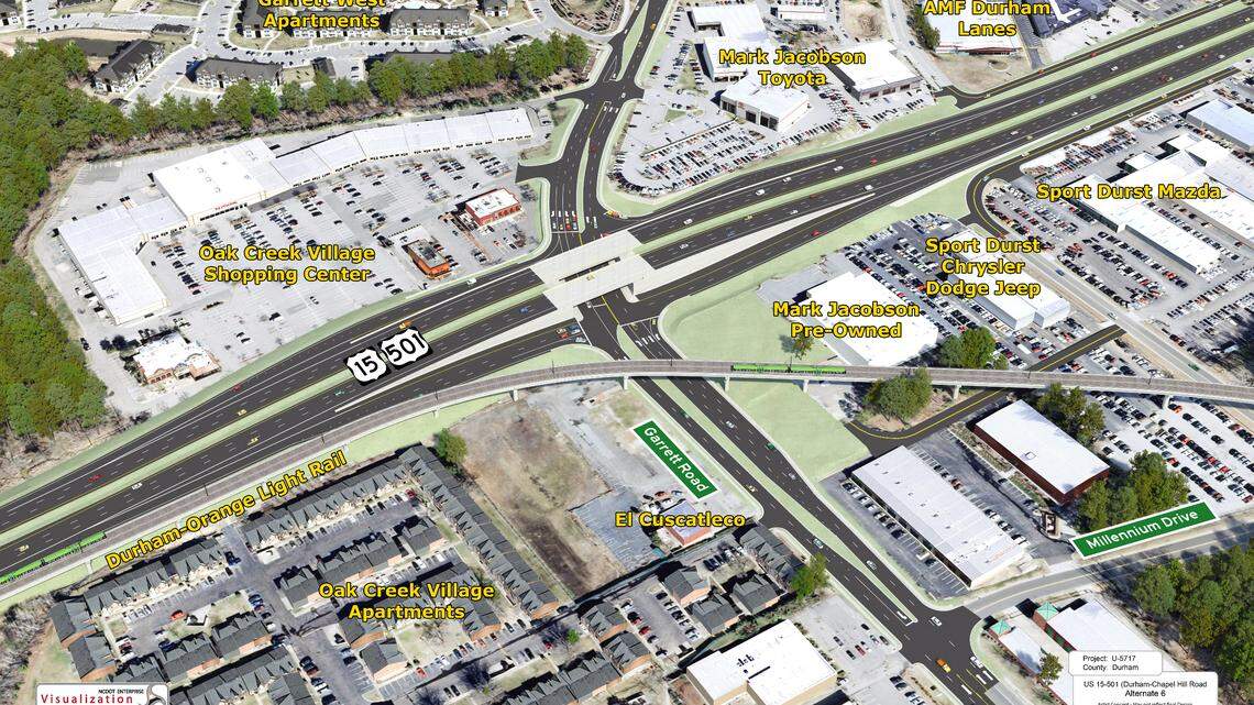 The N.C. Department of Transportation's preferred alternative for the intersection of Garrett Road and U.S. 15-501 in Durham would take the highway over Garrett Road, adding off- and on-ramps from Garrett Road for access. Construction could start by 2020.