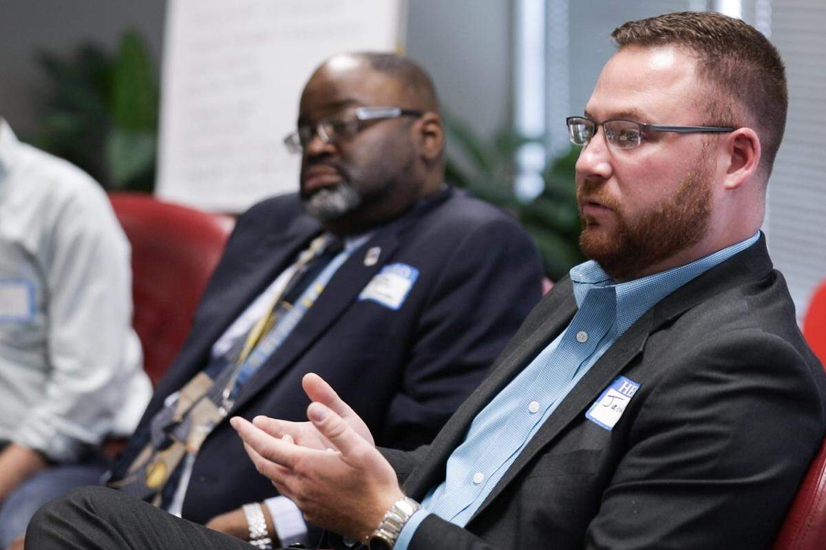 Jacob Rogers, CEO of Triangle Community Coalition, speaks to the panel on gentrification at the Herald-Sun office on Tuesday, August 28, 2018.