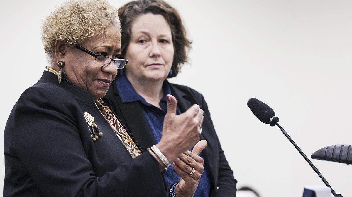Durham’s City-County Committee on Confederate Monuments and Memorials Committee Chairs Charmaine McKissick-Melton, left, and Robin Kirk, middle, present their committee’s recommendation on the future of the Confederate monument toppled in Durham in August of 2017 on Tuesday, Jan. 8, 2019 at the City-County Joint Committee Meeting.