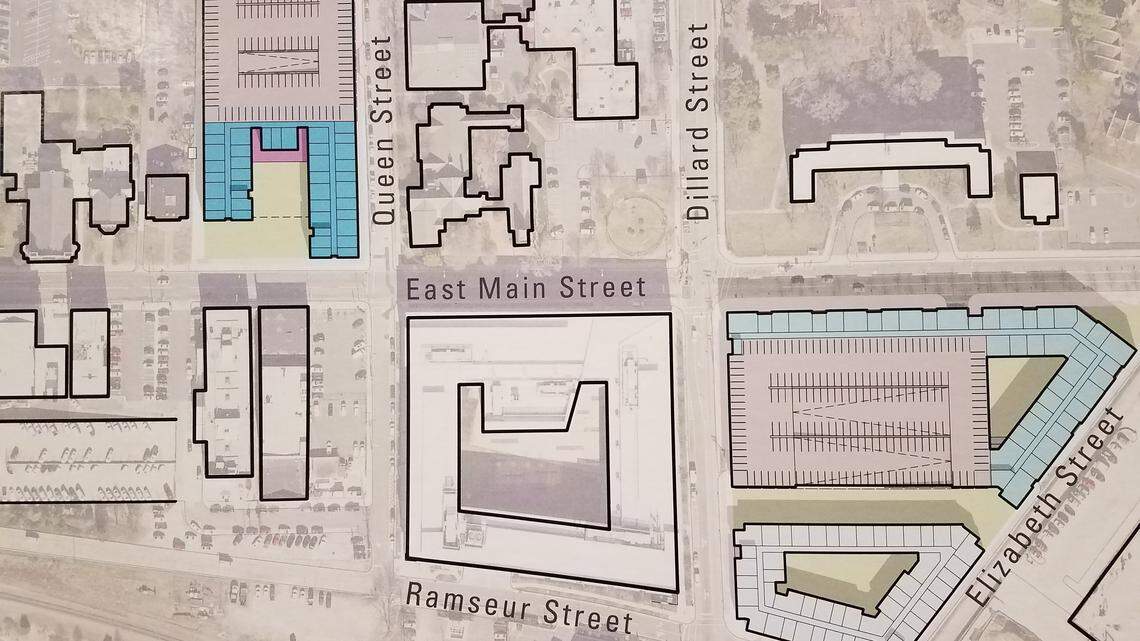 Durham County owns two surface parking lots on the 300 block and 500 block of East Main Street. It has narrowed down plans for the property to two options. Both plans are the same for the 500 block, seen on the bottom right, which includes affordable housing and a parking garage. In Plan A, pictured, the 300 block at top left includes market rate units, a daycare and commercial space.