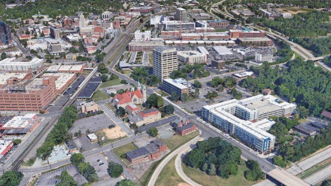 This aerial photograph of West Chapel Hill Street in downtown Durham is used for the city’s request for qualifications from developers of the old police headquarters site.