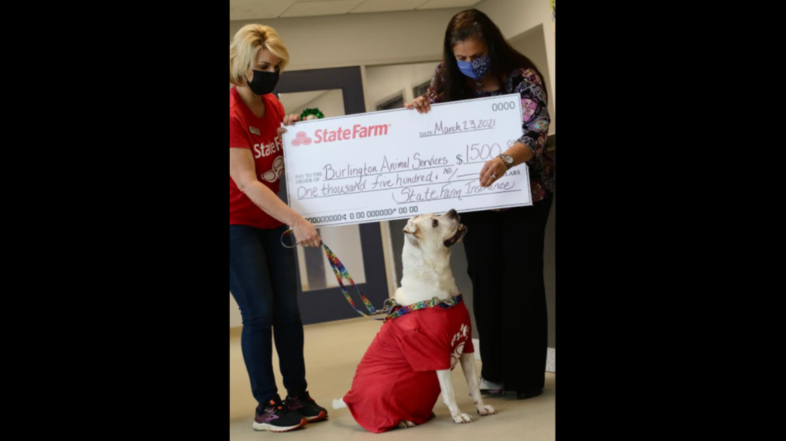 State Farm learned of Jake’s story and gave a $1,500 grant to Burlington Animal Services in his honor.