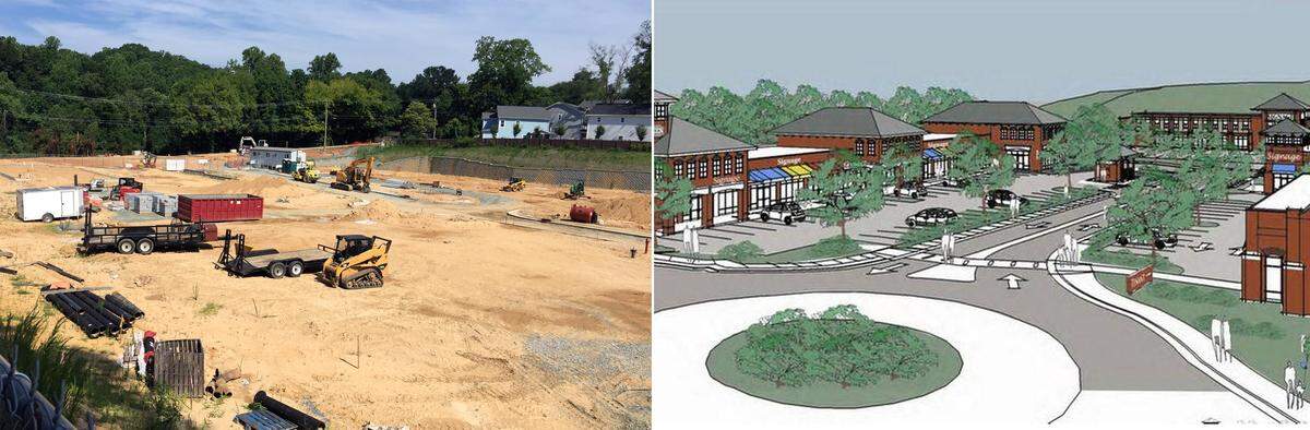 Construction of a roundabout and the new South Green retail, restaurant and office project (at right) has temporarily closed South Greensboro Street in Carrboro.