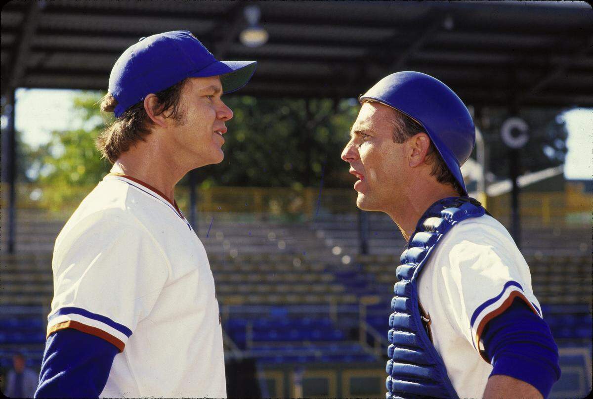 Tim Robbins (pitcher "Nuke" LaLoosh), left, and Kevin Costner (catcher Crash Davis) starred in the movie "Bull Durham."  To honor the 30th birthday of this classic sports film, the Durham Bulls will celebrate "Bull Durham"  June 8 and  June 15.