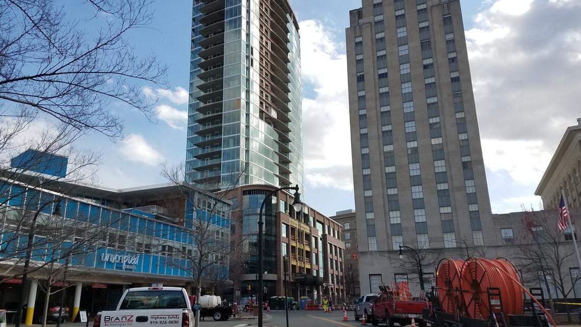 Hotels are one area of growth in downtown Durham. Unscripted, on left, and 21c Museum Hotel, on right are at the center of downtown. One City Center condos are shown under construction, center, in early 2018.
