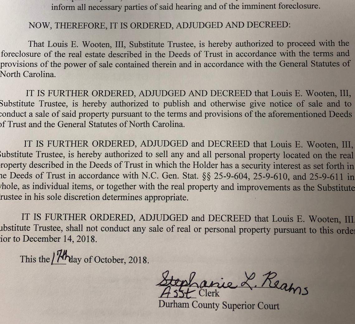 A Durham County clerk ordered that Northwood Investors can proceed with the foreclosure of Northgagte Mall on Oct. 17. Northwood Investors appointed Raleigh lawyer Louis E. Wooten III as its substitute trustee in the matter.
