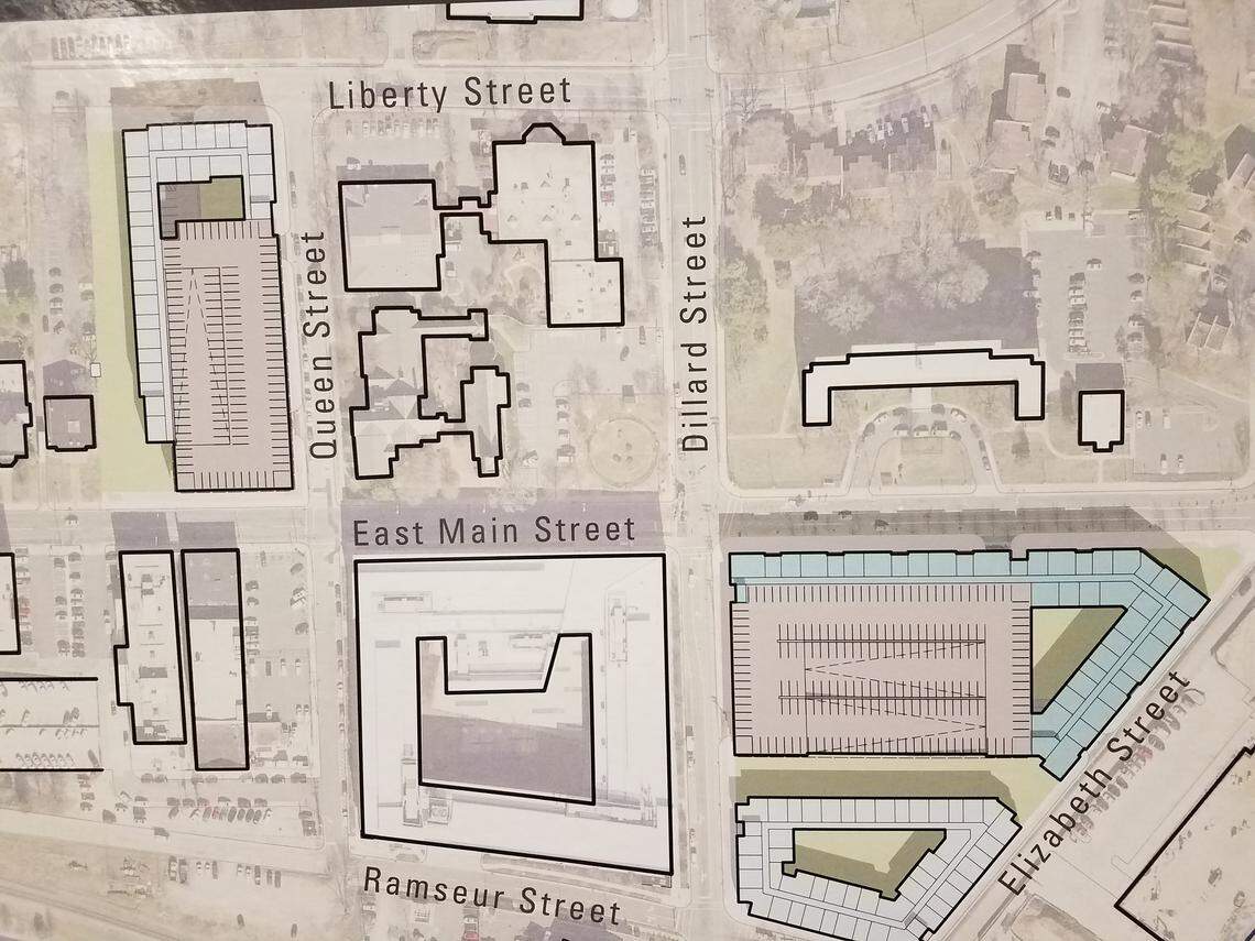 Durham County owns two surface parking lots on the 300 block and 500 block of East Main Street. It has narrowed down plans for the property to two options. Both plans are the same for the 500 block, seen on the bottom right, which includes affordable housing and a parking garage. In Plan B, pictured, the 300 block at top left includes affordable housing and commercial space.