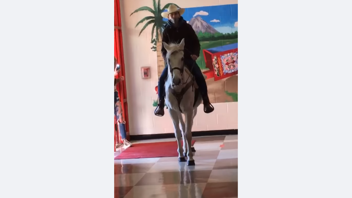 A Virginia high school student rode a horse through school for a senior prank, getting him suspended for 10 days. Stronger punishment is being considered.