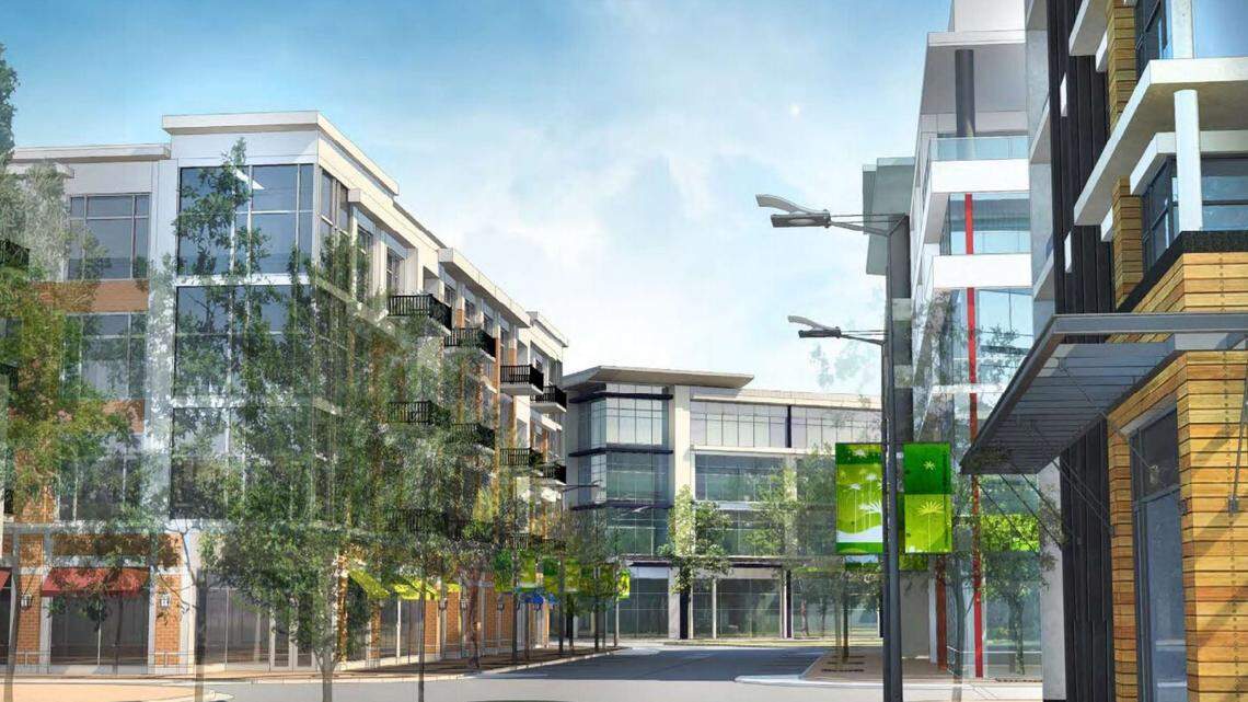 A rendering of the planned office and residential developments inside the 5401 North community in North Raleigh.