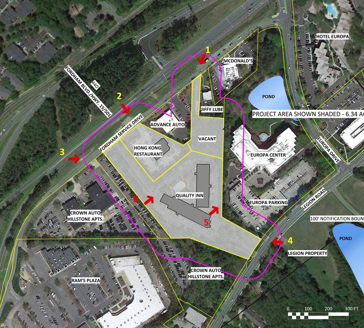 An overhead view of the Tarheel Lodging redevelopment site between the Fordham Boulevard service road, top right, and Legion Road, bottom left, in Chapel Hill.