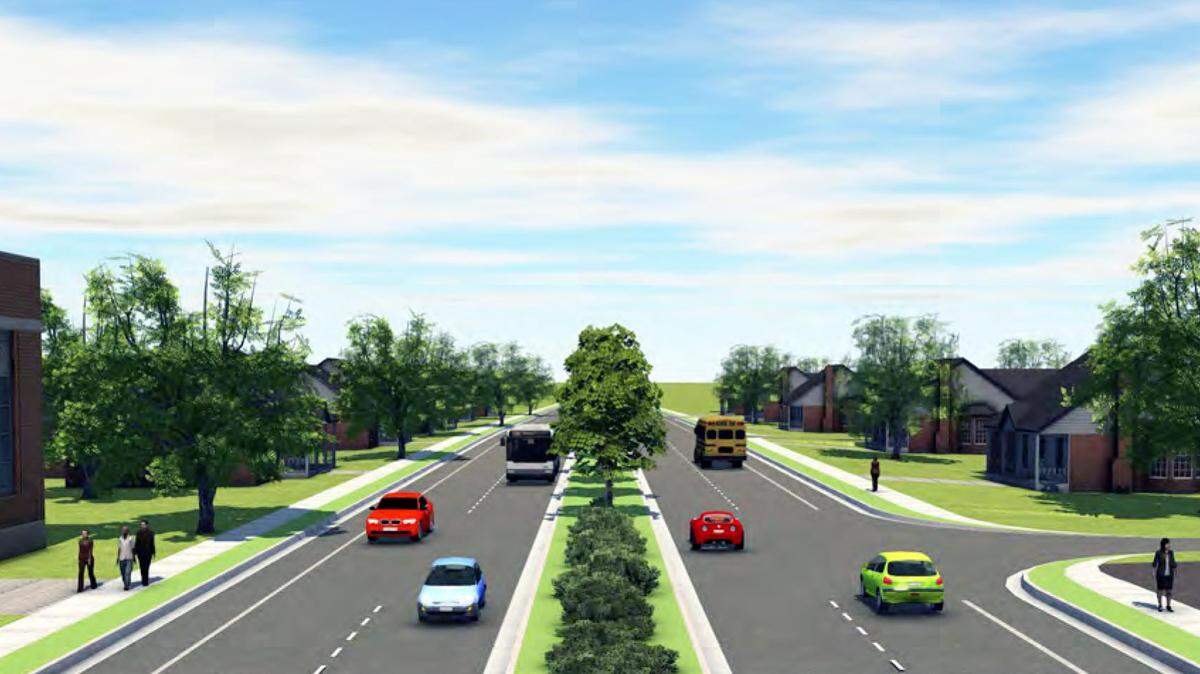 The N.C. 98 Corridor draft plan calls for dividing portions of the highway with a landscaped median and expanding it to four lanes as shown here at the intersection of N.C. 98 with Sherron and Patterson roads. The plan also calls for new sidewalks and bike lanes.