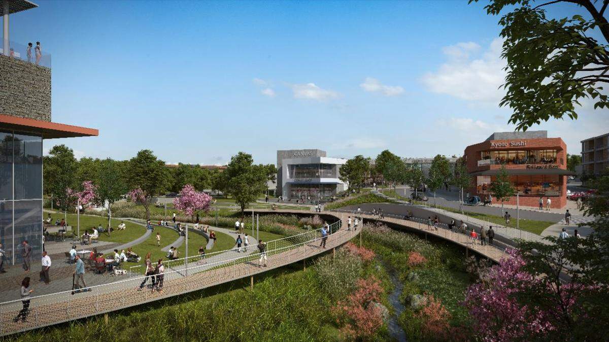A potential view of how the greenspace within Park Center in Research Triangle Park could look.