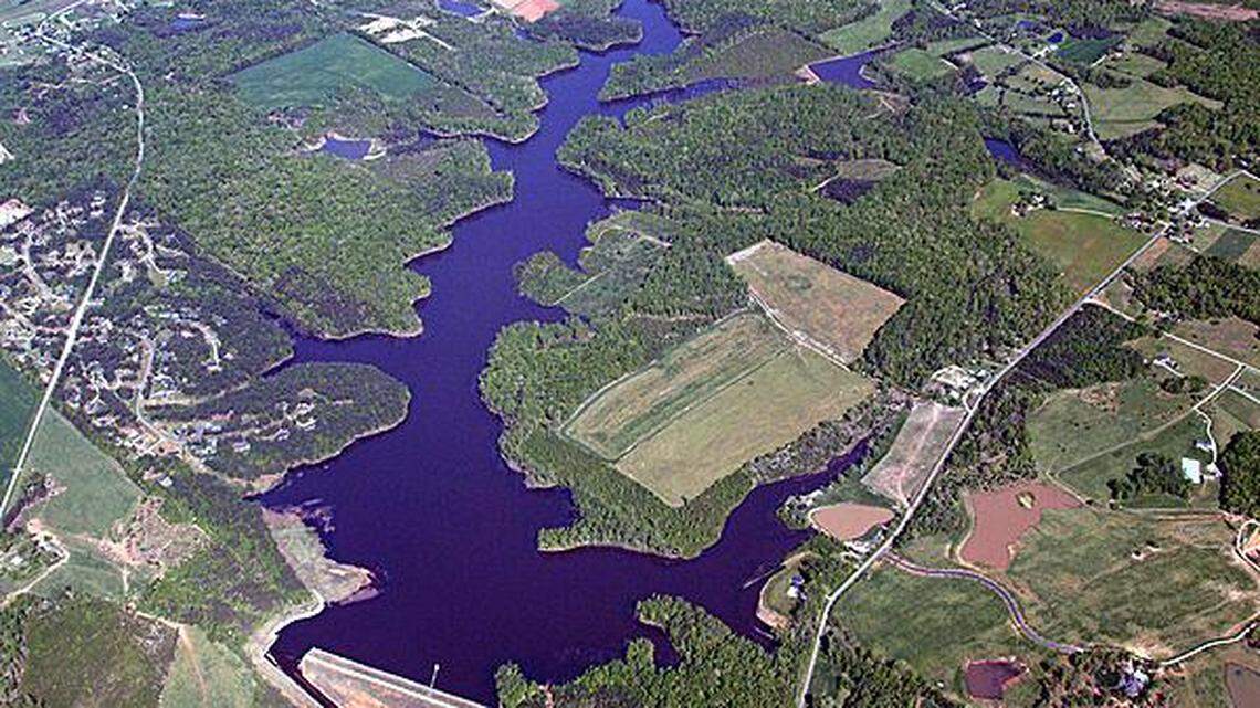 Work started in late March 2018 to expand the West Fork Eno Reservoir in Cedar Grove, north of Hillsborough. The reservoir's dam can be seen in the bottom center of this photo. The auxiliary spillway, filled with water when the photo was taken, is to the dam's left.