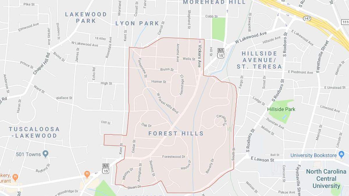 The Forest Hills neighborhood, which has more narrow street boundaries than depicted in this map, has applied for a neighborhood protection overlay.