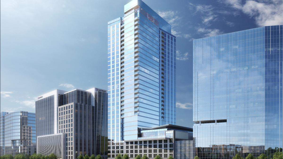 A rendering of the Walter Tower, a 33-story building that will be the home of a boutique hotel and apartments in North Hills. The project is being built by Kane Realty.