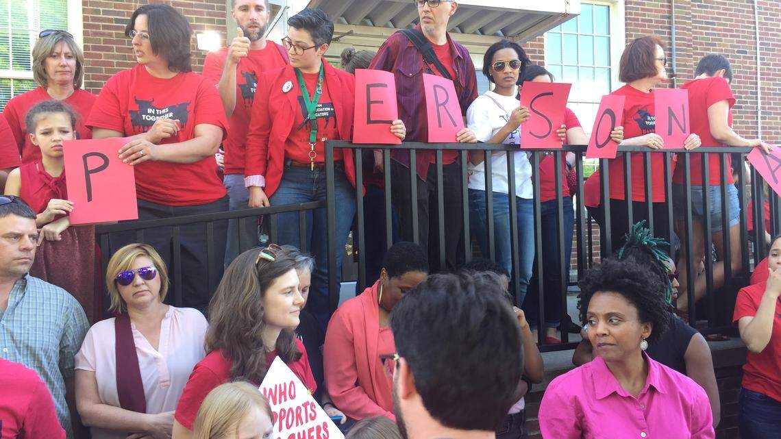 Some Chatham County teachers want to join those in Durham (pictured) and others across the state in advocating for public education in Raleigh on May 16. The Chatham County school board has called a special meeting on Friday, May 11, to discuss possibly closing schools.