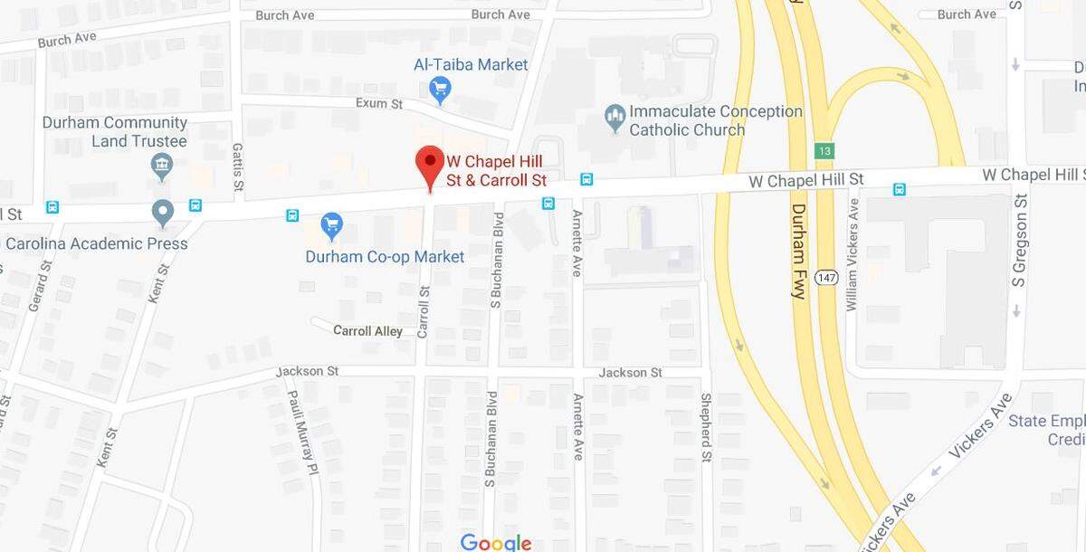 The intersection of Carroll Street and West Chapel Hill Street.