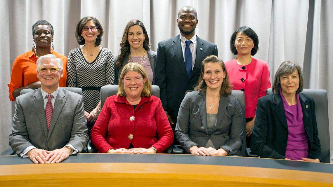 The Chapel Hill Town Council - Donna Bell (clockwise from top left), Karen Stegman, Rachel Schaevitz, Allen Buansi, Hongbin Gu, Nancy Oates, Mayor pro tem Jessica Anderson, Mayor Pam Hemminger and Michael Parker - will consider a 3-cent tax rate increase in 2018.