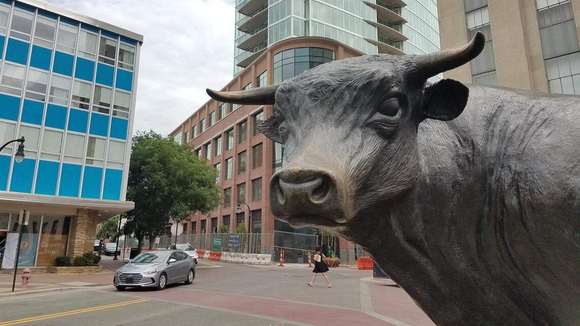 Major the Bull statue in downtown Durham.