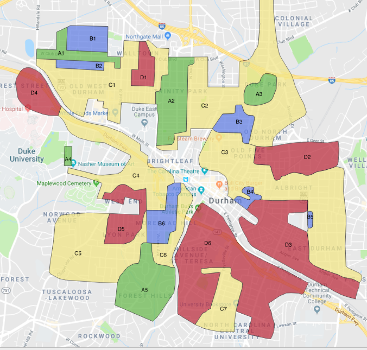 A historic Home Owners’ Loan Corporation (HOLC) map transposed over a Google map of modern-day Durham. The red-shaded areas were neighborhoods that were designated as being a risky place to extend credit. Those same neighborhoods today are seeing rising prices and demographic changes.