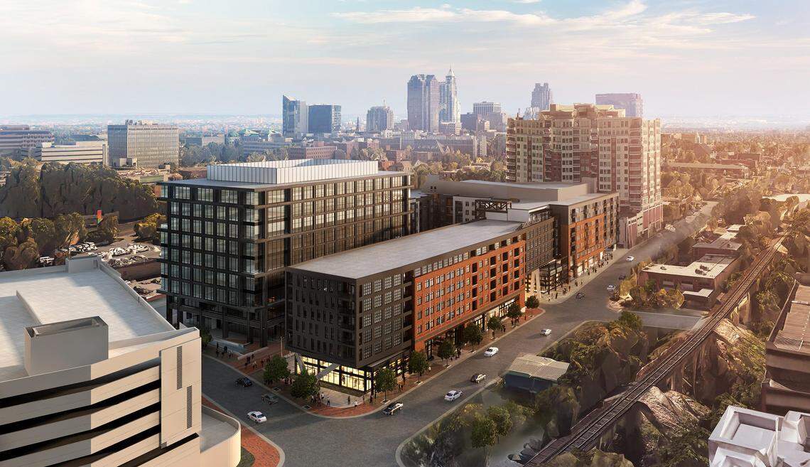 A rendering of a potential mixed-use development that Kane Realty plans to build along North West Street in downtown Raleigh. This rendering shows the second phase of the Peace and West development project. The third phase could include up to 40 stories if a rezoning request is approved.