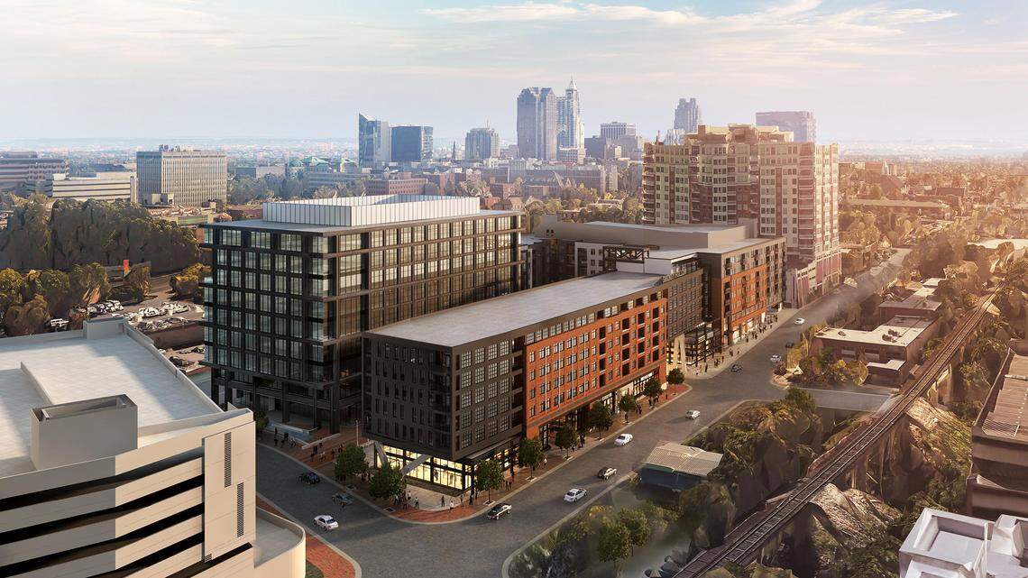 A rendering of a potential mixed-use development that Kane Realty plans to build along North West Street in downtown Raleigh.