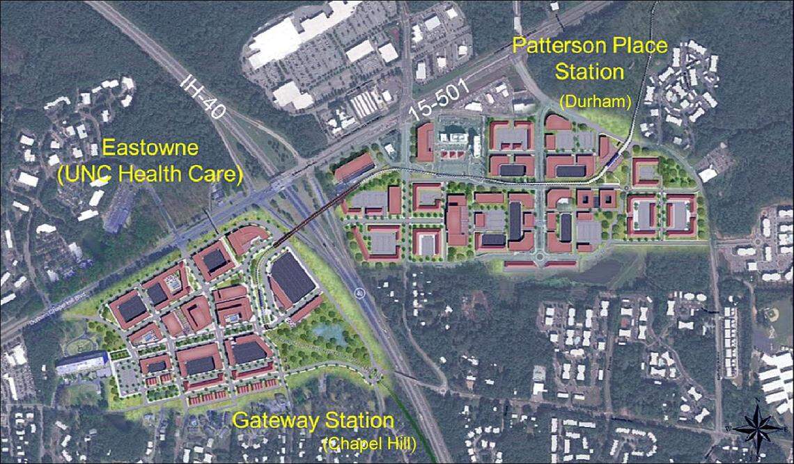 A draft concept shows a potential layout for the Gateway (at left) and Patterson Place light-rail stations along I-40 and the Durham-Chapel Hill border. UNC Health Care's Eastowne Office Park, which is about to be redeveloped, is expected to have a connection across the highway.