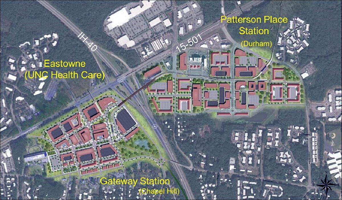 A draft concept shows a potential layout for the Gateway (at left) and Patterson Place light-rail stations along I-40 and the Durham-Chapel Hill border. UNC Health Care's Eastowne Office Park, which is about to be redeveloped, is expected to have a connection across the highway.