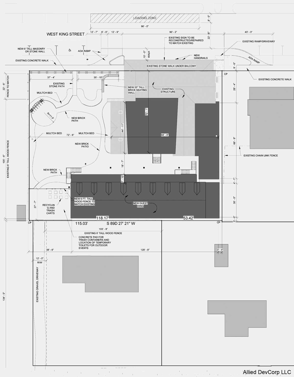 A proposed site plan for the renovated Colonial Inn shows the main building at the top center and a new guest wing at the bottom. A loading zone and new sidewalk front the property along West King Street. The west side of the property includes a new wedding lawn surrounded by brick paths and a new brick patio.