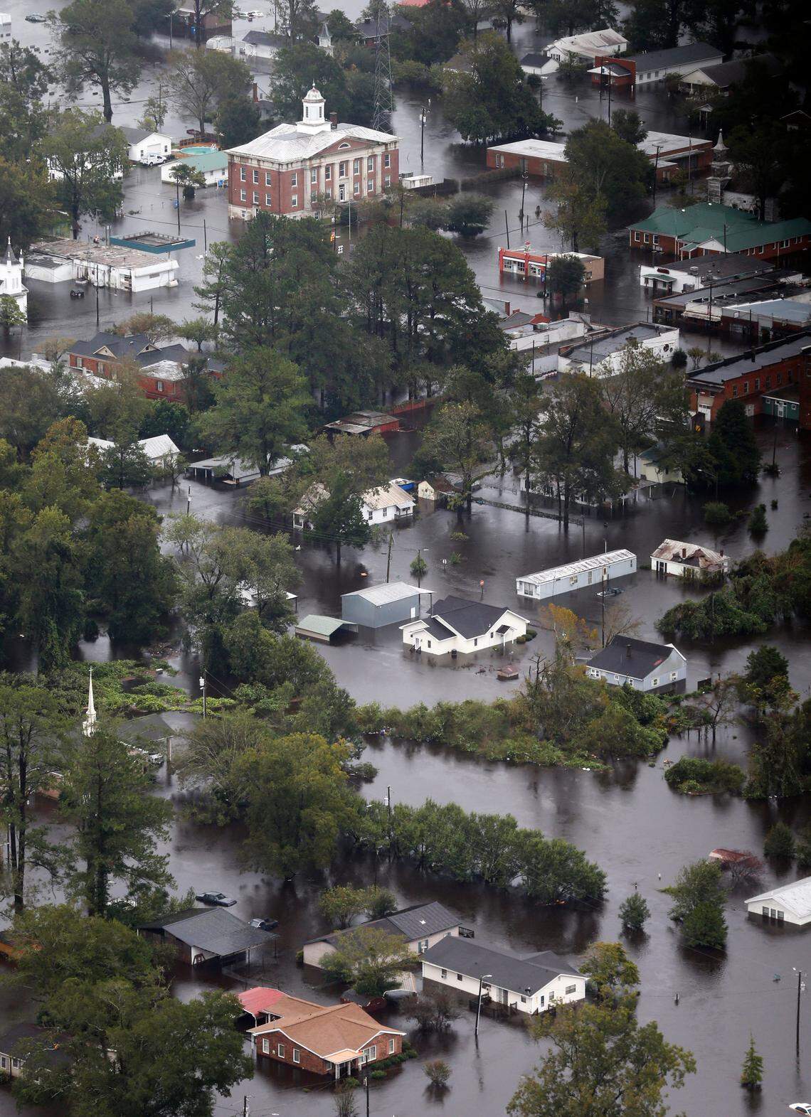 Flood waters from hurricane Florence inundate the town of Trenton, NC., Sunday, Sept. 16, 2018. 