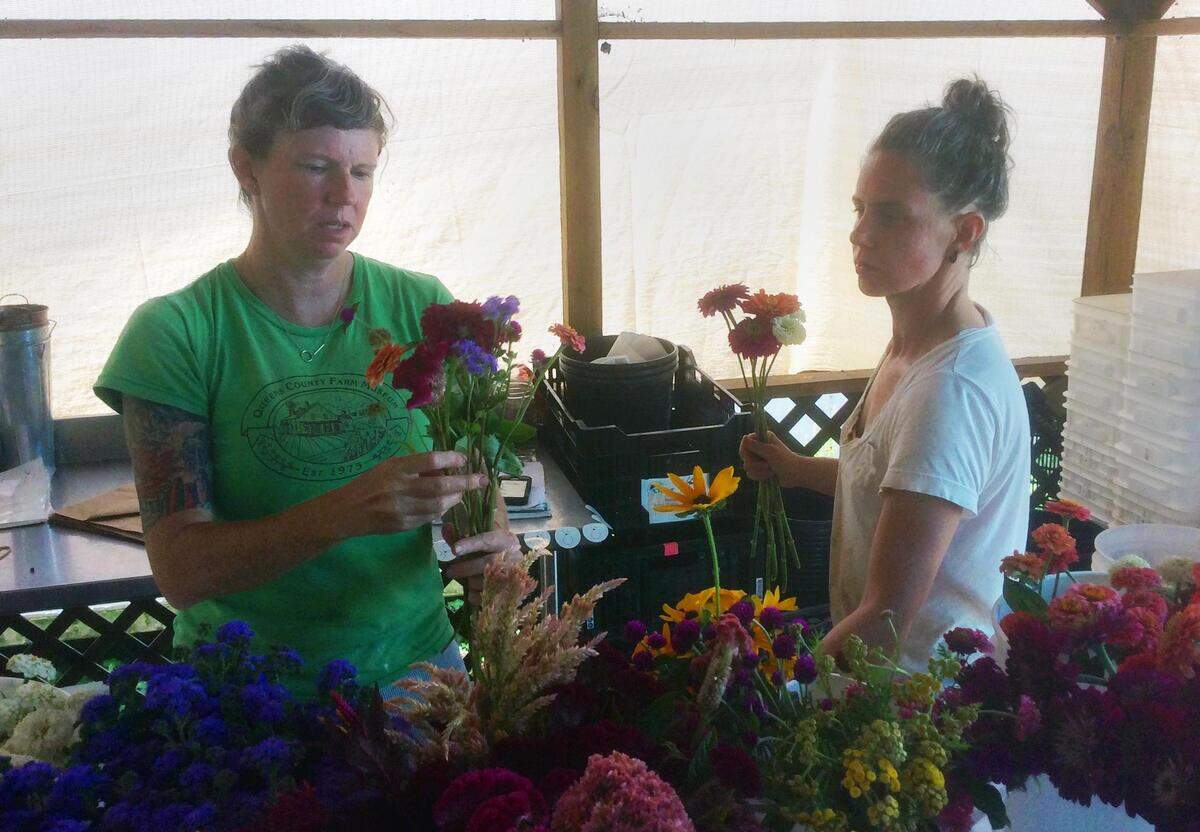 Kelly Morrison, owner of Color Fields Farm, works with Chloe Johnson to compose bright bouquets of summer flowers on Friday, July 13, 2018, at the Breeze Farm incubator in Hurdle Mills. Morrison sells at local farmer's markets and to florists, event planners and other professionals through the cooperative Piedmont Wholesale Flowers.