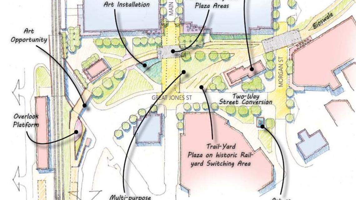 The draft master plan for the Durham Belt Line would turn the parking and open space near the Museum of Durham History Hub into an urban park.