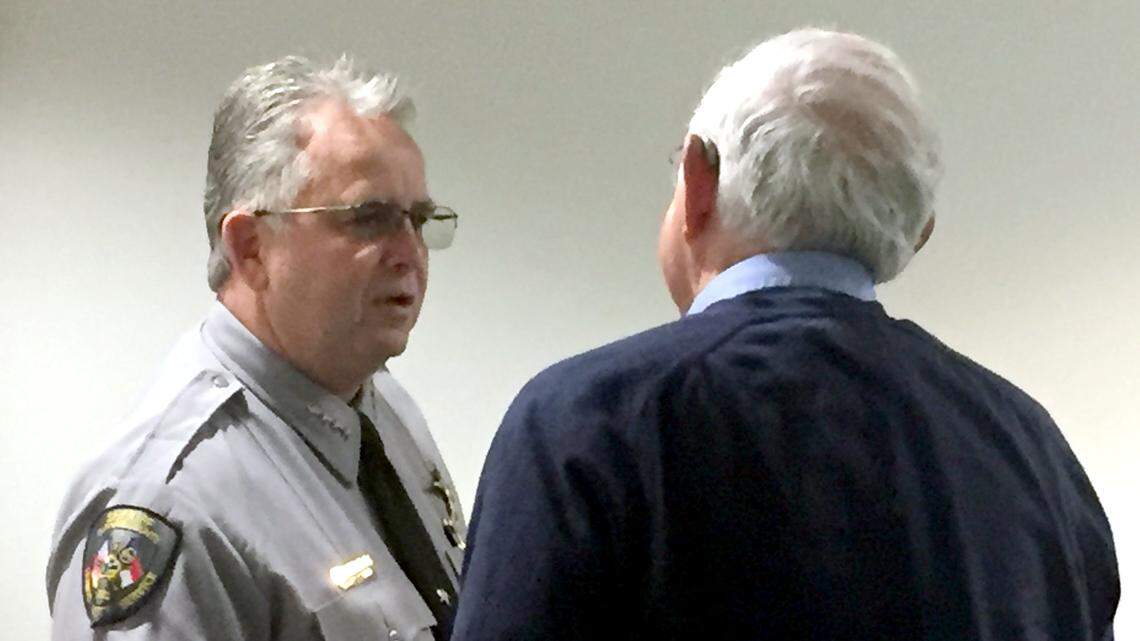 Durham County Sheriff Mike Andrews (left) spoke to the group Durham Businesses Against Crime on Thursday, April 5, 2018 at the Northgate Mall Business Center.