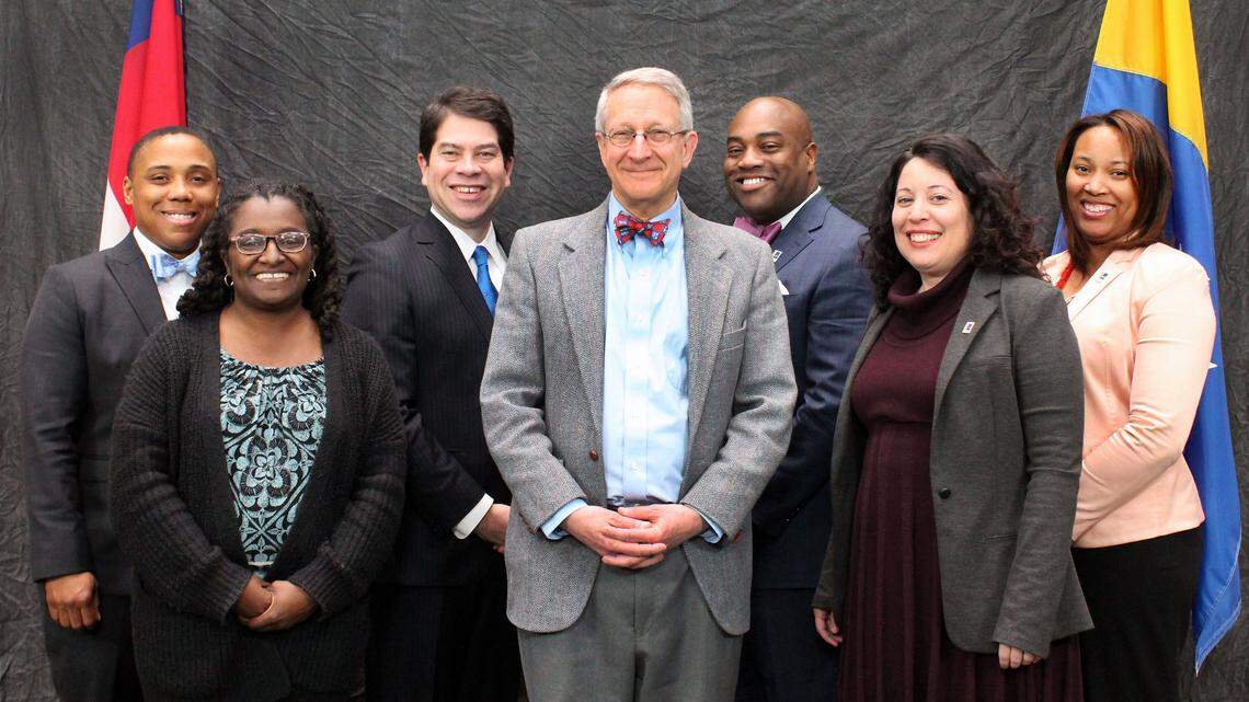 Durham City Council, left to right: Now former Council member Vernetta Alston, Mayor Pro Tem Jillian Johnson, Council member Charlie Reece, Mayor Steve Schewel, and Council members Mark-Anthony Middleton, Javiera Caballero and DeDreana Freeman.